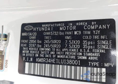 2020 Hyundai Palisade Sel z USA, uszkodzony, nr VIN KM8R34HE1LU138001